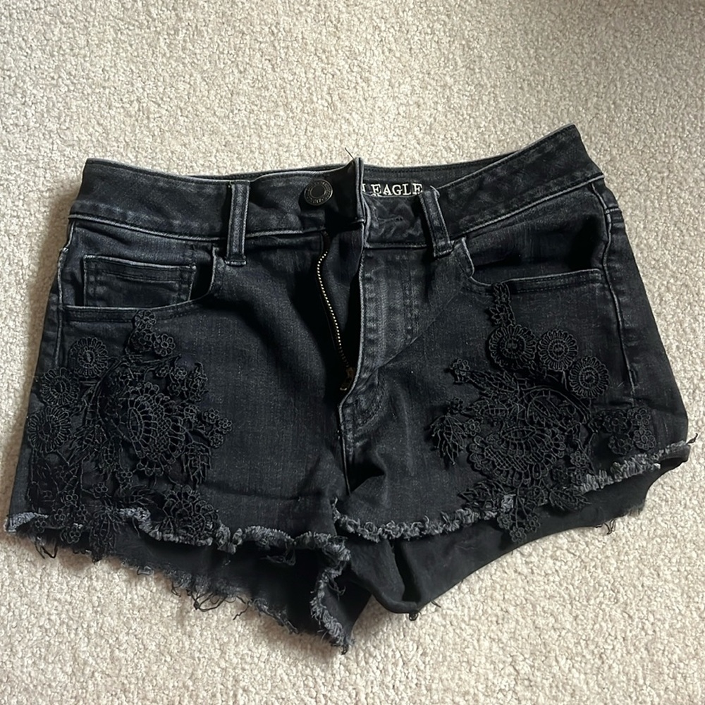 American Eagle super super stretch X high-rise Shorty, black denim shorts size 4